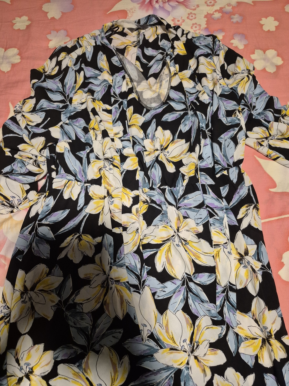 Floral V-Neck Women’s Top - Black with Yellow & Blue Flowers